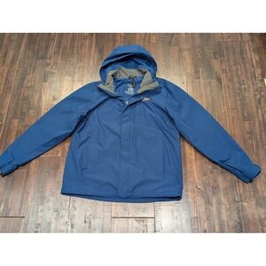 LL Bean Packaway Hood Rain Jacket Mens Medium Blue Full Zip Warm Coat Pockets